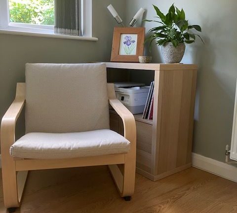 Therapy room chair in front of window and next to shelving unit with light, plant and framed watercolour of an iris on top shelf