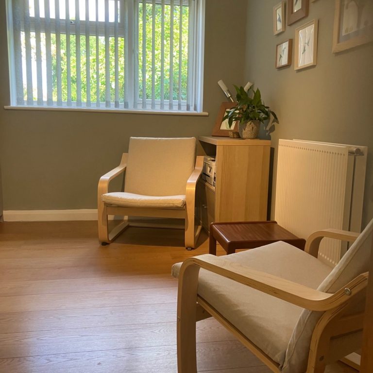 Counselling room with two cream chairs, a table in between and a shelf unit with a green plant on top