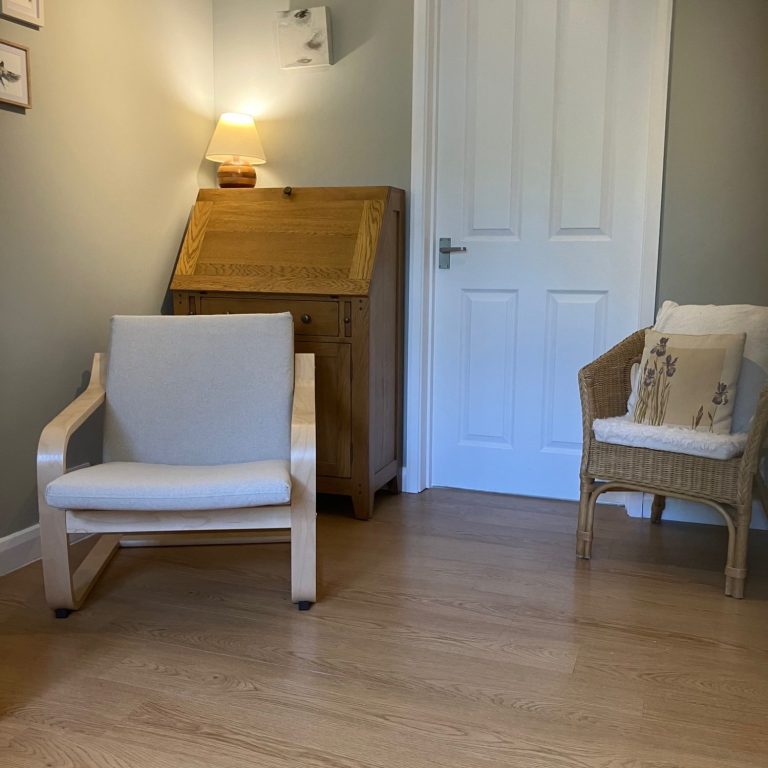 Therapy room with cream chair on left in front of bureau desk and a basket chair to the right